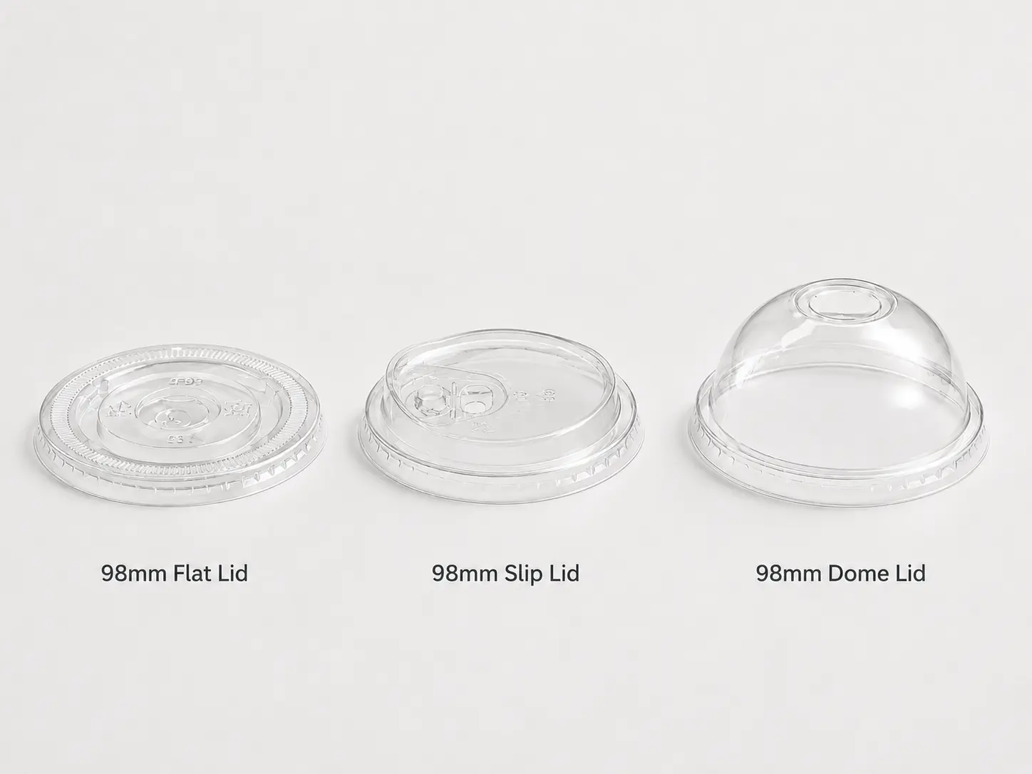 98mm PET flat lid, sip lid, and dome lid options for clear plastic cold drink cups